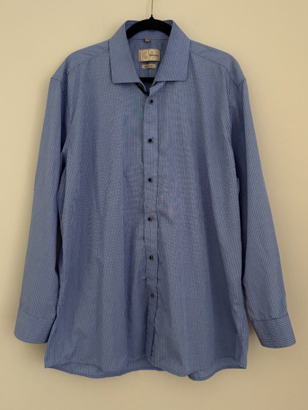 132 Karako Brothers Blue Check Dress Shirt Preppy Corporate Chic 17.5 34/35